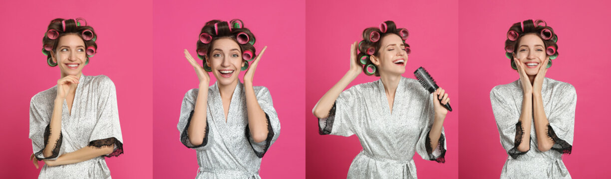 Collage with photos of beautiful young woman wearing bathrobe with hair curlers on pink background. Banner design
