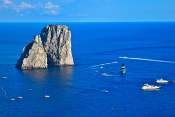 Capri, Italy, Faraglioni di Mezzo (o Saetta) viewed from Giardini di Augusto (Capri Overlook)...