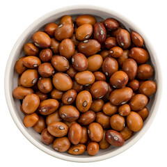 Top view of ceramic bowl with Beans for cooking. Zenith. Aerial view. dish containing grains ready for the preparation of a food recipe.