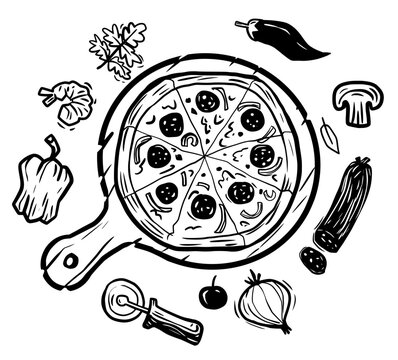 Pizza icon set. Food and utensils in separate vectors