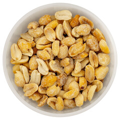 Salted peanuts in white bowl, photographed overhead on dark wood with natural light. Top view of bowl with salty peanut. - obrazy, fototapety, plakaty