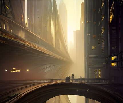 A 3d digital render of a futuristic city with a bridge in bright sunlight.