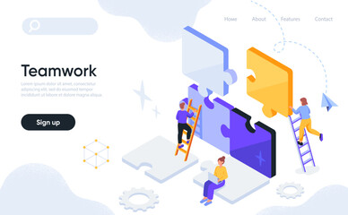 Partnership and Teamwork concept. Team of employees or entrepreneurs connect puzzle pieces and achieve business goals. Design element for website or landing page. Cartoon isometric vector illustration