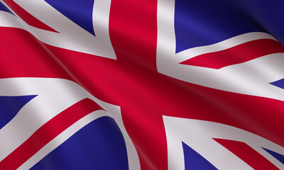 The national flag of the United Kingdom - the Union Jack, also known as the Flag of the Union, flutters in the wind. Fragment of the textile flag of the United Kingdom, close-up. 3D visualization