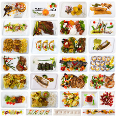 Collection of delicious restaurant and homemade dishes served on square plates isolated on white
