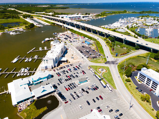 View of the bay with marina, waterfront, large parking for yachts and cars on Kent Island in...