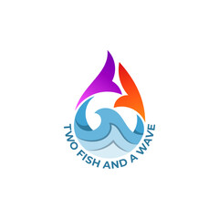 Water wave logo with fish design combination, 3d style
