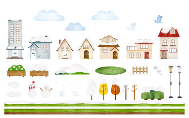 冬の街並みのモチーフセット　水彩風イラスト