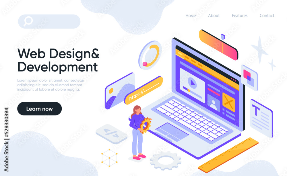 Poster web design and development concept. woman programmer creates user interface or digital product on la