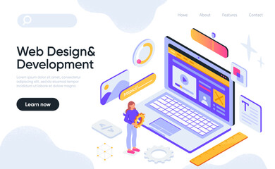 Web design and development concept. Woman programmer creates user interface or digital product on laptop. Online coding tools or services. Landing page design. Cartoon isometric vector illustration