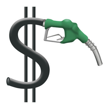 A nozzle on a gasoline pump is on a hose shaped like a dollar sign in this 3-d illustration about gasoline prices.