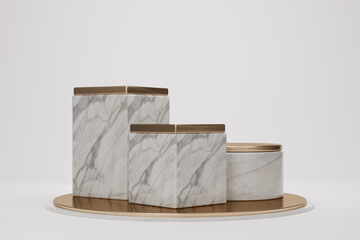 3d rendering luxury white marble pedestal creative podium and gold plate modern geometry on blue background for product display mockup background