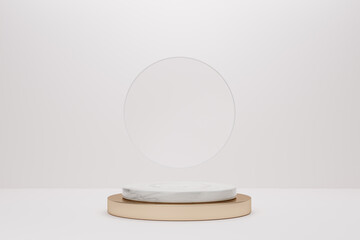 3d rendering luxury white marble pedestal creative podium and gold plate modern geometry on blue background for product display mockup background