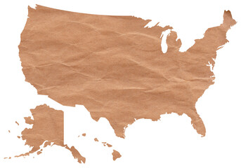 Map of United States of America made with crumpled kraft paper. Handmade map with recycled...