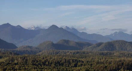 Green Trees and Mountain Landscape on the Pacific Ocean West Coast. Tofino, Vancouver Island, British Columbia, Canada. Canadian Nature Background.