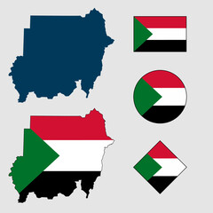 Vector of Sudan country outline silhouette with flag set isolated on white background. Collection of Sudan flag icons with square, circle, rectangle and map shapes.