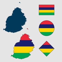 Vector of Mauritius country outline silhouette with flag set isolated on white background. Collection of Mauritius flag icons with square, circle, rectangle and map shapes.
