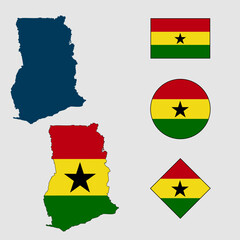 Vector of Ghana country outline silhouette with flag set isolated on white background. Collection of Ghana flag icons with square, circle, rectangle and map shapes.