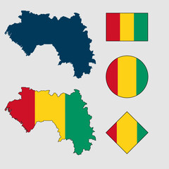 Vector of Guinea country outline silhouette with flag set isolated on white background. Collection of Guinea flag icons with square, circle, rectangle and map shapes.