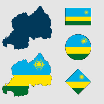 Vector of Rwanda country outline silhouette with flag set isolated on white background. Collection of Rwanda flag icons with square, circle, rectangle and map shapes.