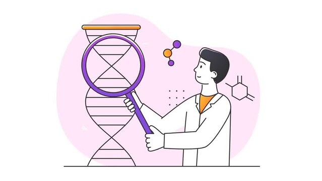 Scientific research in laboratory video concept. Moving male medical worker or scientist holds magnifying glass and examines DNA molecule. Genetics and Biotechnology. Flat graphic animated cartoon