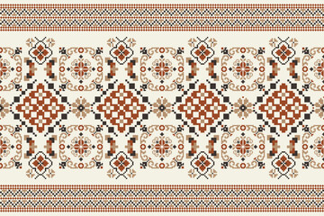 Floral cross stitch embroidery on white background.geometric ethnic oriental seamless pattern traditional.Aztec style abstract vector illustration.design for texture,fabric,clothing,wrapping,carpet. - obrazy, fototapety, plakaty