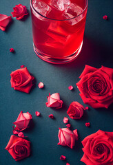 Lots of roses around a glass of red drink.