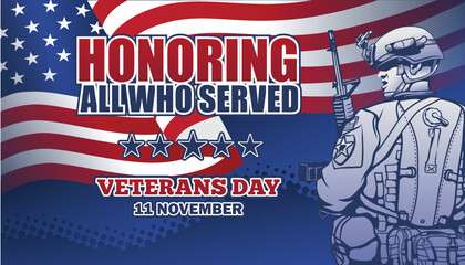 Veterans Day Banner with American Soldiers in Uniform Complete Vector Design