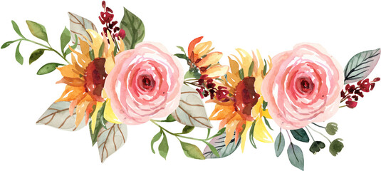 Pink rose and sunflower Watercolor Floral Bouquet