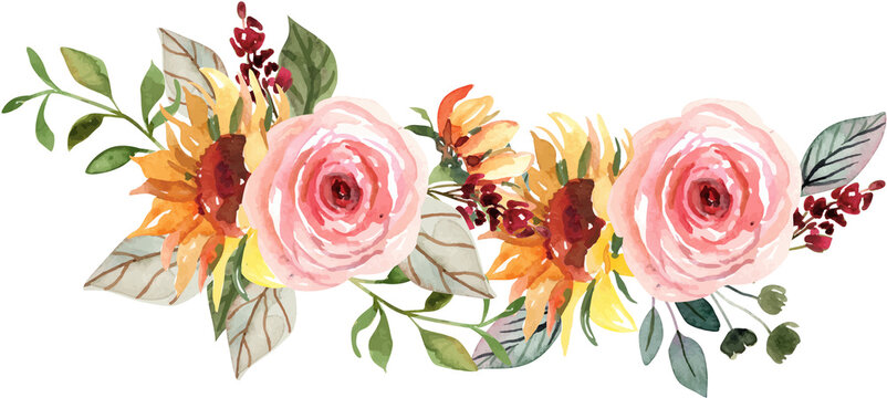 Pink rose and sunflower Watercolor Floral Bouquet
