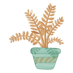 Watercolor Dried Flower in Pot, Brown flora clipart.