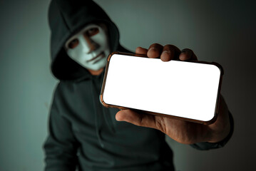Close-Up An anonymous hacker wearing a mask and a black hoodie shows off a smartphone with a blank...