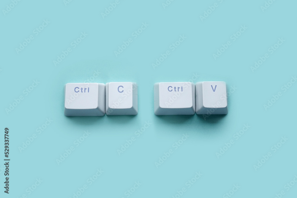 Wall mural ctrl c, ctrl v keyboard buttons, copy and paste key shortcut isolated on a blue background.