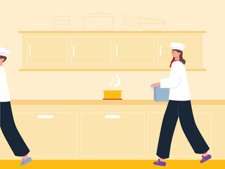 Very busy restaurant kitchen.  Prepare customer food.  The chef and his assistant. Vector illustration.