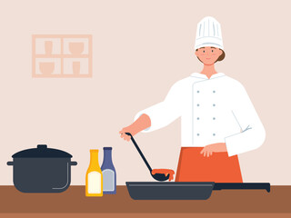  The chef is cooking in the open kitchen.  Chefs teach cooking courses.  Chef profession. Vector illustration. 