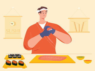 Japanese chef make a sushi. Some variation taste of sushi. The chef make salmon sushi. Ai vector illustration	