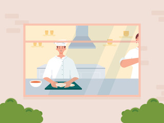 Chef make dough of pizza. Chef give topping in pizza after that cooking pizza in the oven. Ai vector illustration