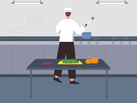 Activities in the kitchen.  Cooking and preparing food ingredients. Professional chef. Vector illustration. 