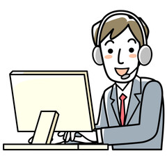 ヘッドセットをつけてパソコンに向かう若い男性