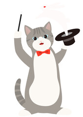 マジシャン　帽子からウサギを出すマジックを披露するグレー猫 卯年　新年　背景透明png