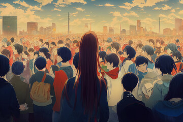 Naklejka premium 2d cartoon anime style crowds. High quality 3d illustration
