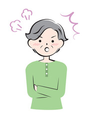 怒っている私服の高齢の女性