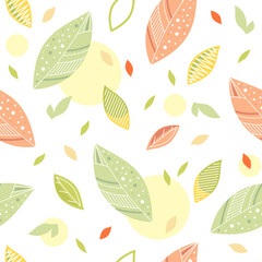 Seamless repeating pattern with abstract shapes of mint, green, yellow and pink flowers on a white background. Modern and stylish textiles, gift wrapping, packaging design.