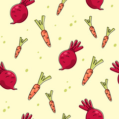 Carrots and beets. Decorative seamless background with stylized vegetables. Flat vector pattern.