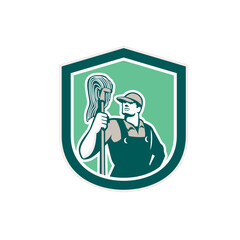 Janitor Cleaner Holding Mop Shield Retro