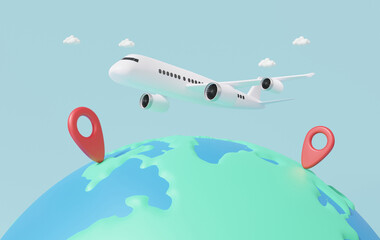 Minimal cartoon. tourism plane trip planning worldwide tour with mark map red pin earth location. transport logistics airplane travel leisure touring holiday summer concept. 3d rendering illustration