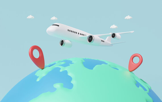 Minimal cartoon. tourism plane trip planning worldwide tour with mark map red pin earth location. transport logistics airplane travel leisure touring holiday summer concept. 3d rendering illustration