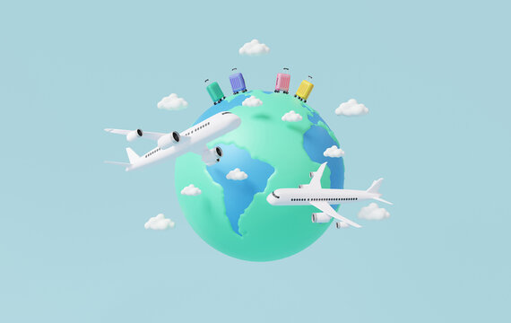 Globe flight plane travel tourism worldwide, Airplane trip planning world tour luggage with pin location suitcase and map, transportation leisure touring holiday summer concept. 3d render illustration