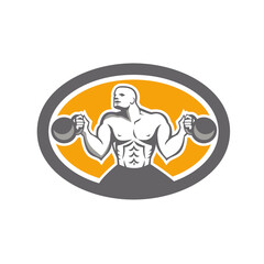 Bodybuilder Lifting Kettlebell Front Oval Retro