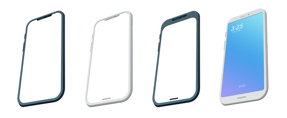 Smartphone set transparent screen illustration mockup mobile phone transparent background wide curved surface perspective